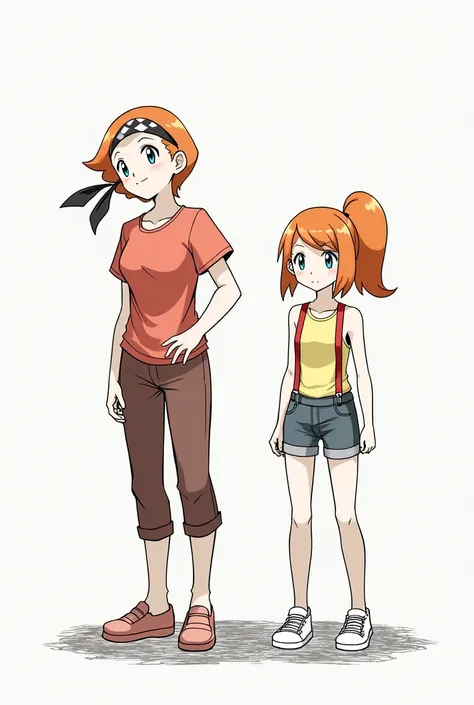 Misty and May Pokémon girls. 2 woman 

May:
masterpiece, best quality, highres, outdoors, 1girl, solo, may (pokemon), bandana, red shirt, bare shoulders, Misty:   nanao yukiji style, greyscale, manga, 1girl(misty (pokemon), orange hair, aqua eyes, side pon...