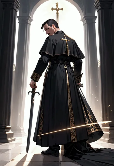 (priest standing and facing forward with a bayonet on his back and a black robe with a little mustache)