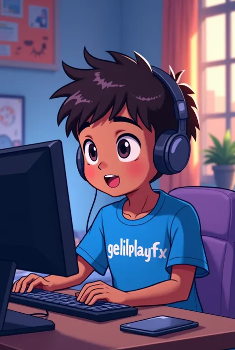 An  child with a blue shirt and the name gelinhoplayfx written on it and recording a game video on the PC, anime version, with light brown skin.