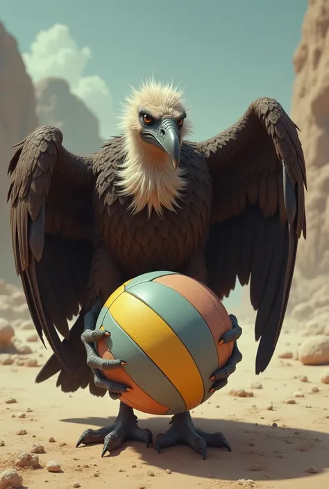 A vulture holding a volleyball