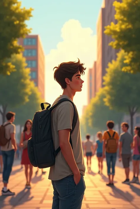 The cover shows a young college student, Ethan, standing on a bustling campus pathway, surrounded by other students who are engaged in conversation, laughing, and walking in groups. Ethan stands slightly apart, facing the viewer with a contemplative look, ...