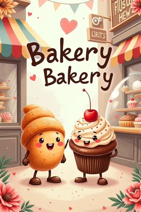 Create an image of a bakery and pastry shop advertisement with cute drawings