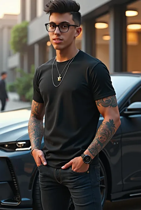 young man with glasses and tattoo on his right arm, with watch on wrist, in front of a luxury car