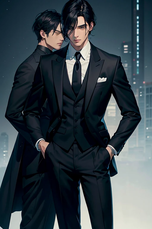 Tall, stylish, black-haired adult male、On the right side, depict the night and the cold side of men.、On the right side, draw a man with a gentle face in daylight.、Both in black suits、Emphasise the duality