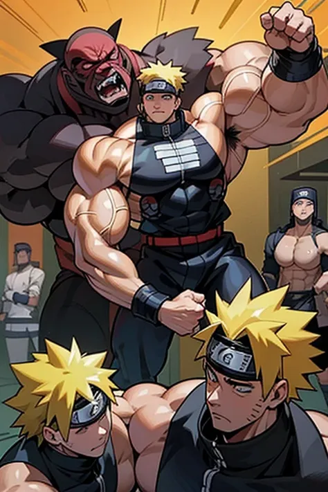 naruto uzumaki and his clones stand in a locker room being brainwashed by sasuke's sharingan to be big dumb muscle thralls with ...