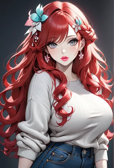 Woman, with very long curly red hair, with gray eyes, she is wearing a sweater and jeans, wears hair decoration, has big boobs, she has pretty pink lips, with pale skin, jewelry 