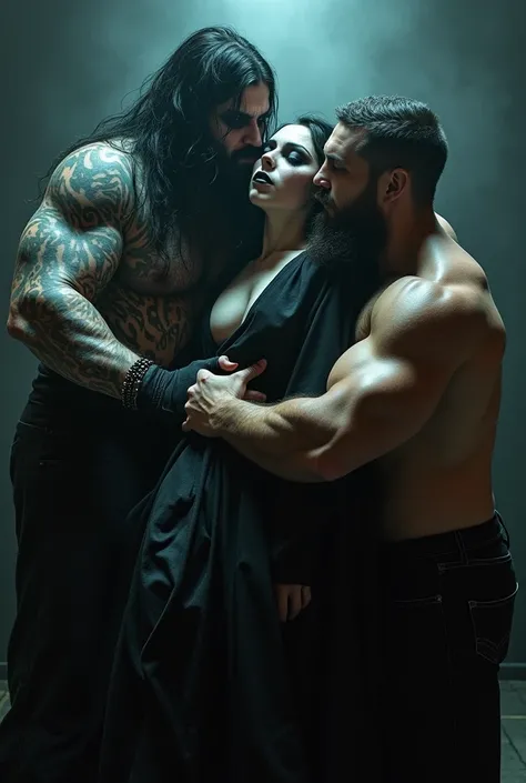 Big ass goths being subdued by burly men, while they slowly remove her clothes 