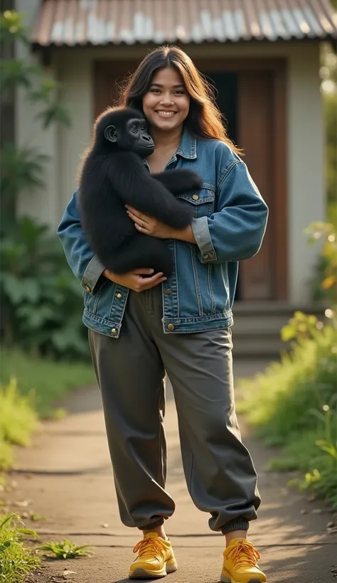 A beautiful Indonesian woman, rather chubby white skin, big nose, loose hair, wear glasses, wearing a denim jacket, long pants, wearing yellow sneakers, standing while carrying a gorilla, happy face facing the camera, in front of the country house, aesthet...