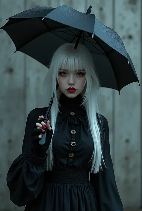 a gothic girl with white hair and red eyes, beautiful detailed eyes,beautiful detailed lips,extremely detailed eyes and face,longeyelashes, 1girl, Kibashou Hojou, umbrella weapon, wall background, Tokyo Ghoul Re, dark fantasy, dramatic lighting, dramatic a...