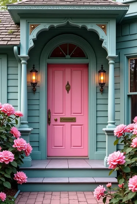 A pink door of a teal victorian house, pink roses in both sides,lamps