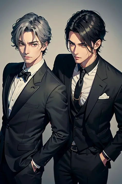 Two tall, stylish, black-haired adult men、One has black hair、Green eyes、suit、The other has grey hair、Eyes are golden、どちらともsuit