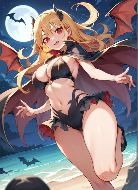 Best Quality, One girl, teenager,（Long golden hair:1.4), Large Breasts,large ass , Red eyes, Double teeth,beach,night, Moon，Wings,Black shiny decoration cape,black shapewear,cleavage,navel,flying　bats