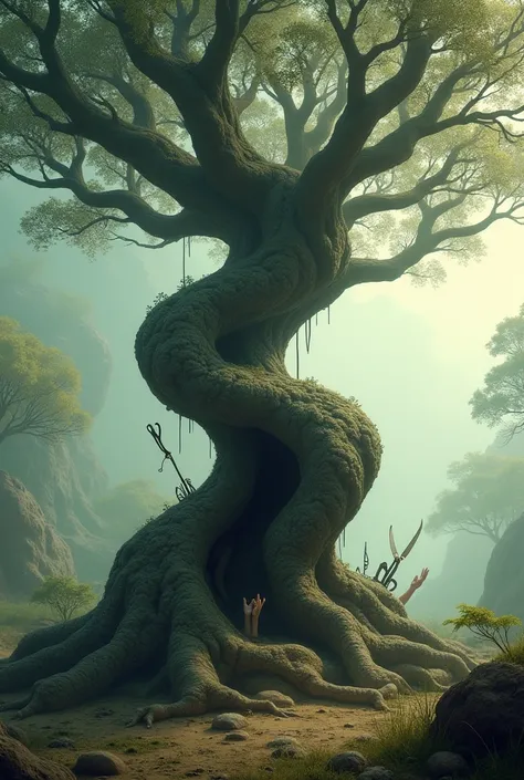 Zigzag tree with 40 branches, thick roots, hollow trunk, In its roots there are scissors and hands