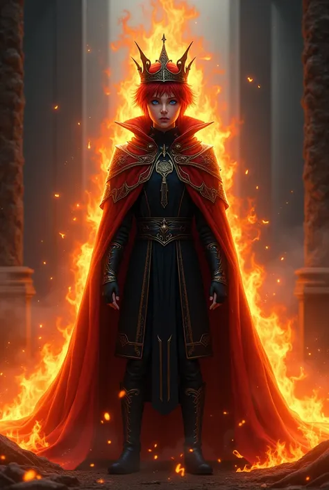 Short red-haired, blue eyes, Black king outfit, Red Flame Cloak, crown,