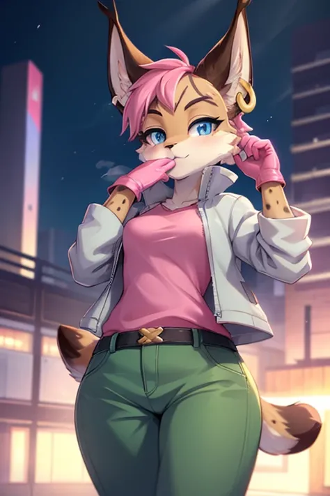 (anthro furry:1.2),1girl, solo,  MiyuCzar, female, lynx, (brown fluffy fur, lynx ears, blue eyes, small breasts, disheveled thick pink hair, gold hoop ear ring), (grey jacket, pink shirt, green pants, gloves), (standing, blowing kiss,), (masterpiece:1.2), ...