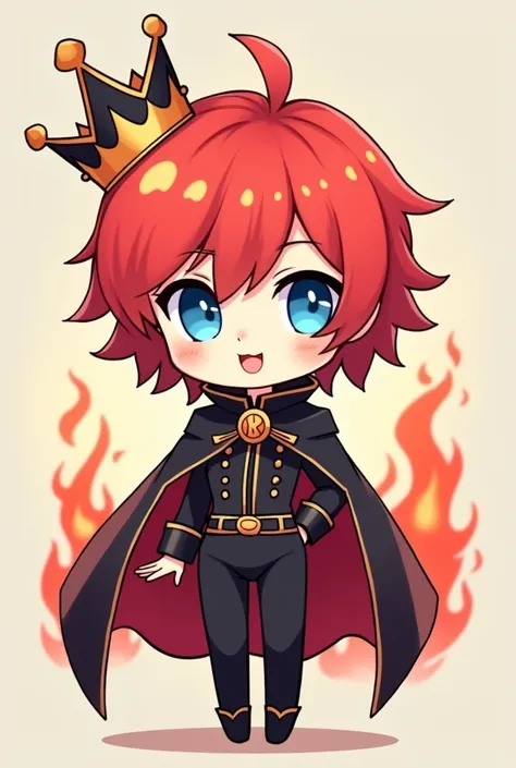 Chibi Character、Deformation、cute、Short red-haired, blue eyes, Black king outfit, Red Flame Cloak, crown,