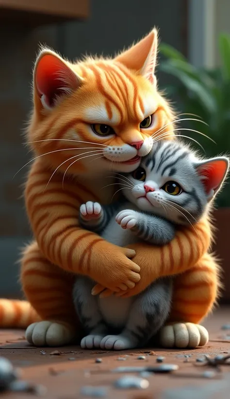 After venting his fury, the muscular cat rushes to the injured fat kitten, cradling him tenderly, his once fierce eyes now filled with sorrow and worry, realistic 3D