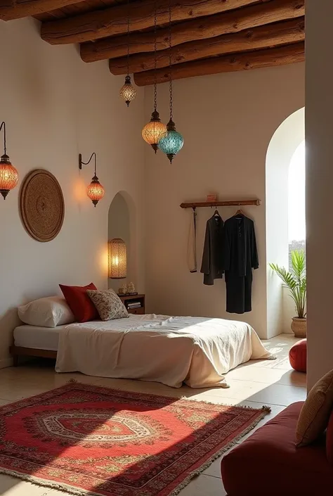 Simple and old Arabic room (low furniture) Cama individual, white walls and handmade carpet. A small divan, Wardrobe with black clothes and some books. Moroccan decoration. low light, colored glass lamps