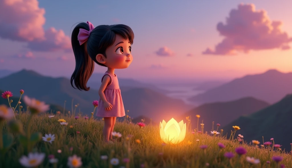 Pixar Cute Style 3d Cartoon Movie Scene, Leila stands on the mountains peak at twilight, looking around in awe. In front of her, in the center of a small grassy patch, is the glowing Flower of Hope, its light illuminating her face with a soft golden glow.
...