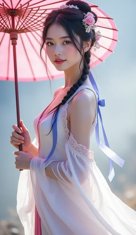 (8K, ultra detailed, maestro:1.2), (realistic, elegant and refined style:1.3), 1 beautiful girl, (full view), (long dark hair), Updo with delicate floral decorations, delicate face with soft makeup, (big and expressive eyes:1.1), dressed in an elegant flow...