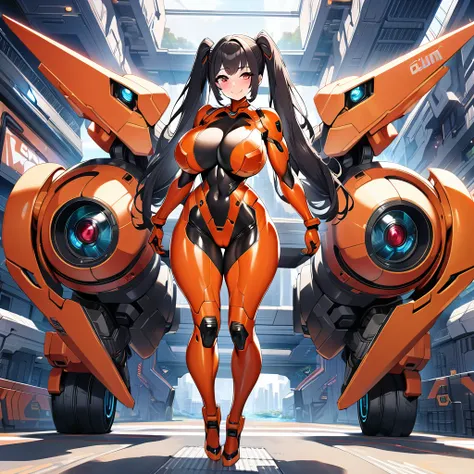 a girl, beautiful, sexy body, big hips, big breasts, cute face, smiling, (long straight black hair, Twintail hairstyle: 1), (red eyes: 1), gundam pilot outfit, sci-fi, full body suit, latex body suit, gundam cockpit background, very detailed background, hi...