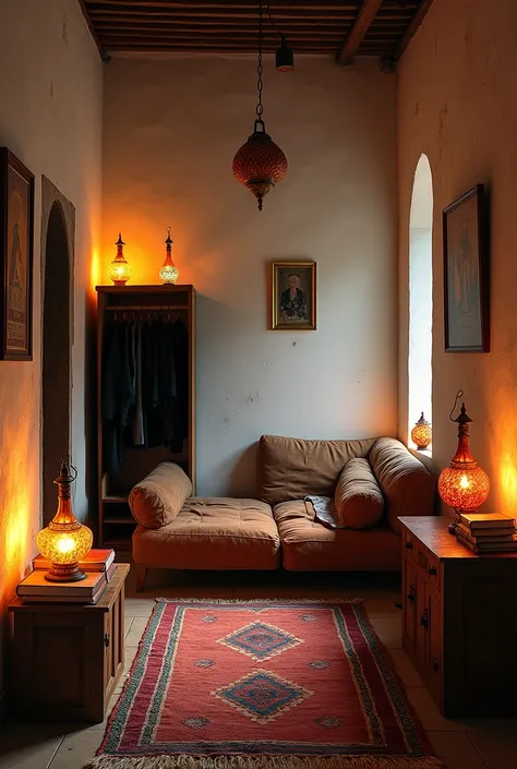 humble and old arabic room (low furniture) Cama individual, white and worn walls. Handmade carpet. A small divan, Wardrobe with black clothes and some books. Moroccan decoration. low light, colored glass lamps