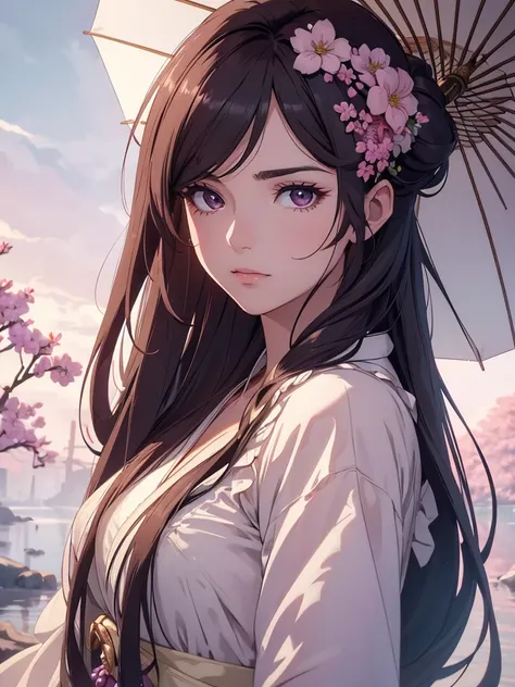 (8K, ultra detailed, maestro:1.2), (realistic, elegant and refined style:1.3), 1 beautiful girl, (full view), (long dark hair), Updo with delicate floral decorations, delicate face with soft makeup, (big and expressive eyes:1.1), dressed in an elegant flow...