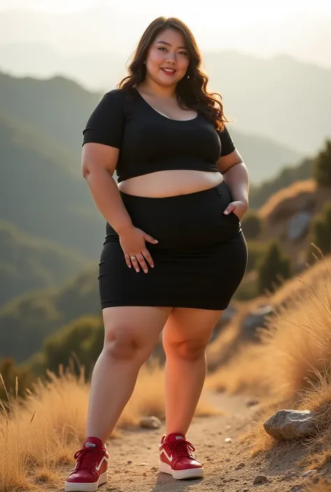 ((best quality)), ((masterpiece)), (detailed), perfect face, a woman in a black crop top and thight skirt random posing for a picture, bbwchan, thick body, thicc, she has a jiggly fat round belly, korean girl, curvy model, beautiful thick female, thick, he...