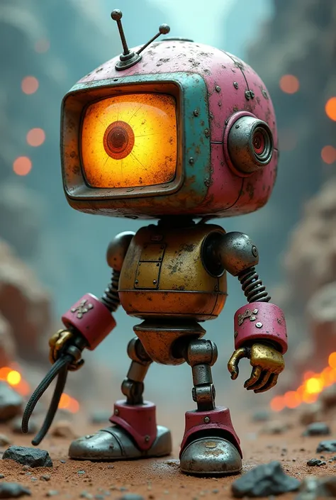 A toon Crazy whit a Big ONE a Only Eye Robot CCCP Soviet, and helmet Style, tongs in hands, Tv head, pinhead, camouflage Gold Silver Pink Rusty, Ambient in a meteorite crater super detailed, center, beautiful, soft lighting, focused on the character, 4K re...