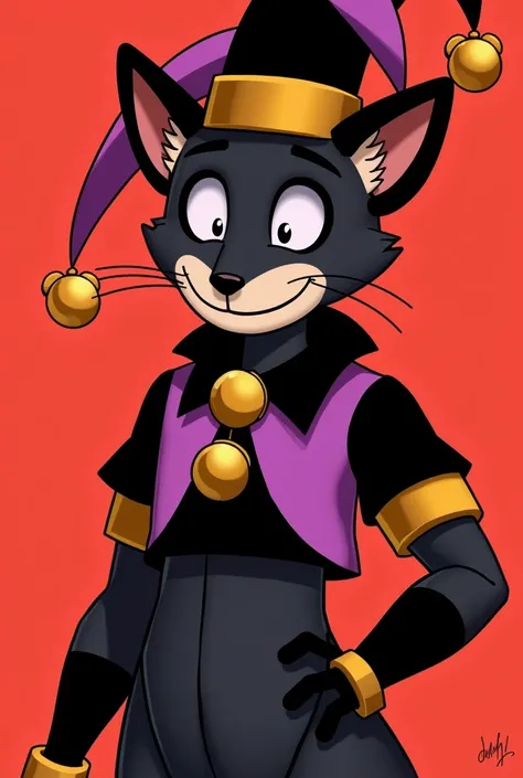 Animatronic anthropomorphic furry male black cat Animatronic anthropomorphic furry male black cat Wearing a purple harlequin costume with pink and a jesters hat with bells Four-cornered jesters hat with bells Metal body Animatronic body Estilo de los video...