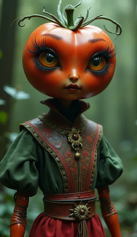 a small tomato humanoid, mysterious wonderland, wearing intricate clothes, mysterious forest, (best quality, 4k, 8k, highres, masterpiece:1.2),ultra-detailed,(realistic,photorealistic,photo-realistic:1.37),detailed eyes, detailed lips, extremely detailed f...