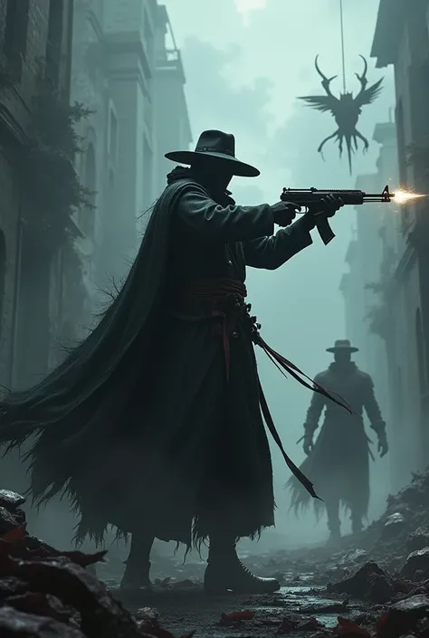 Shadowdancer, shadow magic, wrapped in shadow,have a gun,Bloodborne,there is a man in a hat and a long coat holding a gun, portrait of a bloodborne hunter, bloodborne style, bloodborne boss, screenshot from bloodborne, post - apocalyptic cowboy, bloodborne...