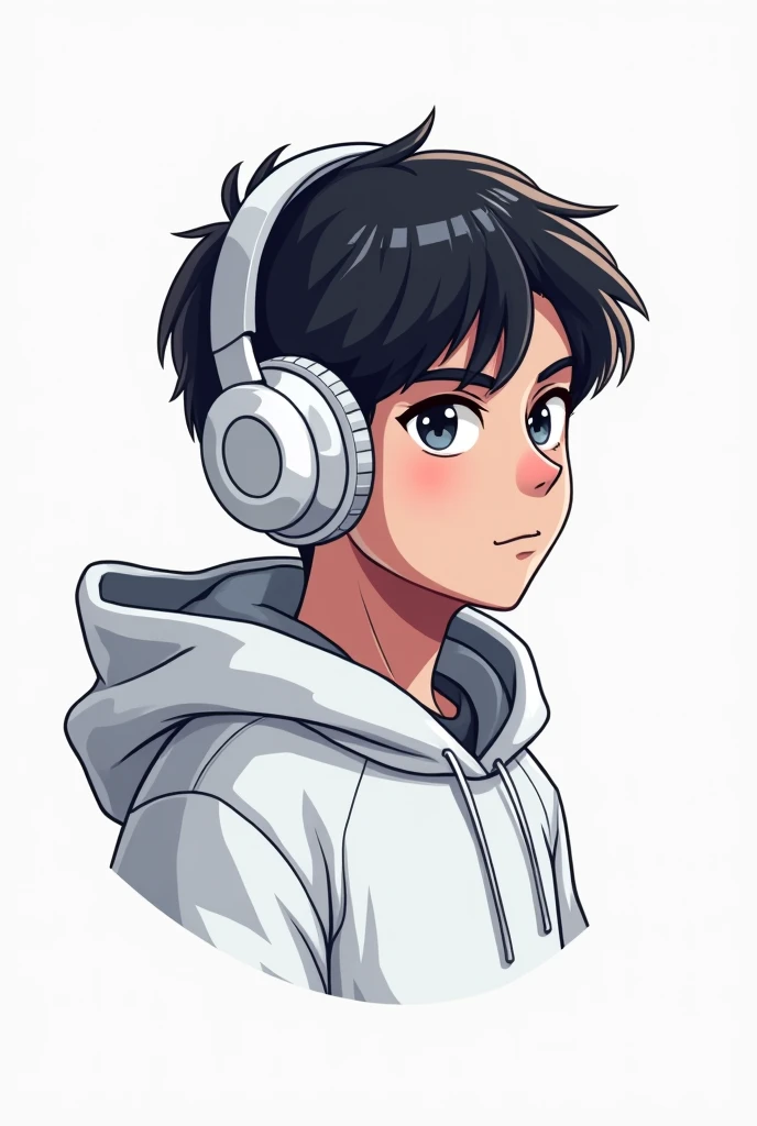 Create a logo for gaming channel adult boy wearing white hoodies and white headphone with black hair 