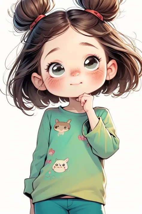 watercolor painting，Chibi A cartoon baby wearing a green shirt and blue shorts, cute digital painting, cute digital art, Lovely and detailed digital art, cute portrait, Lovely art style, Lovely and detailed art, cartoon art style, Super cute and stylish re...