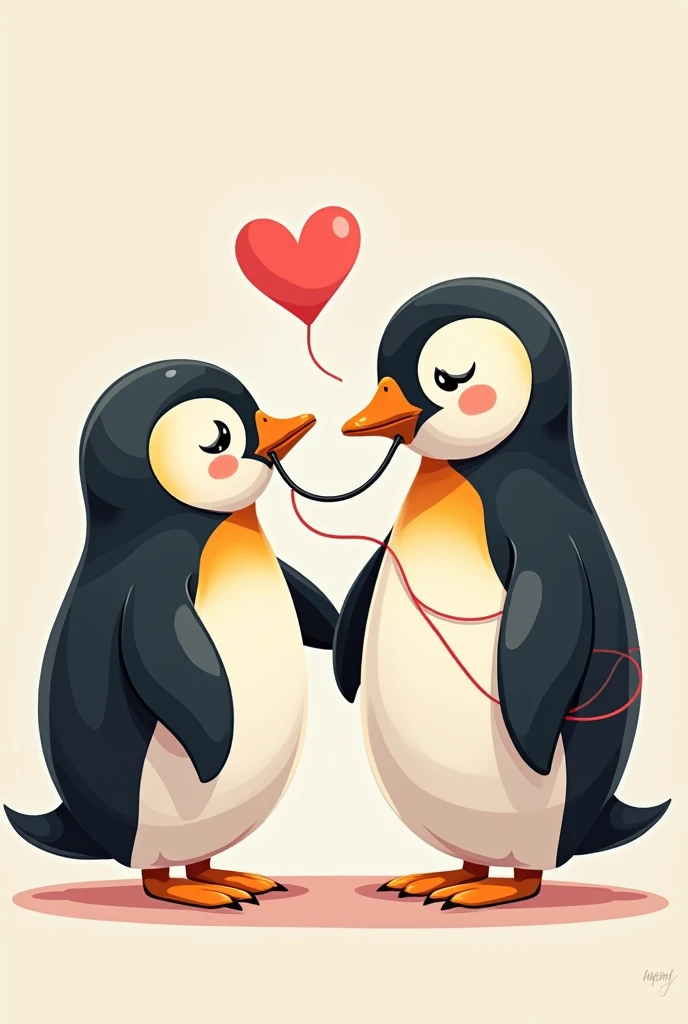 Penguin listening to a female penguin&#39;s heart with an endoscopy, with a heart string in the middle. Both smiling penguins with heart eyes in love
