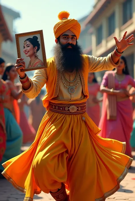 1 boy, very stereotypical indian male with a turban, bushy beard up to neck, has the name "Ratinder", wearing gay colours, dancing bhangra, holding a picture with an asian girl in it, asian girl is japanese