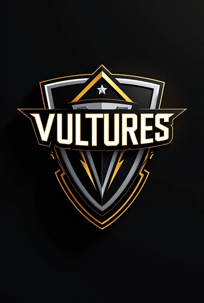 black and white and gold shield of a volleyball team with the name vultures written on it