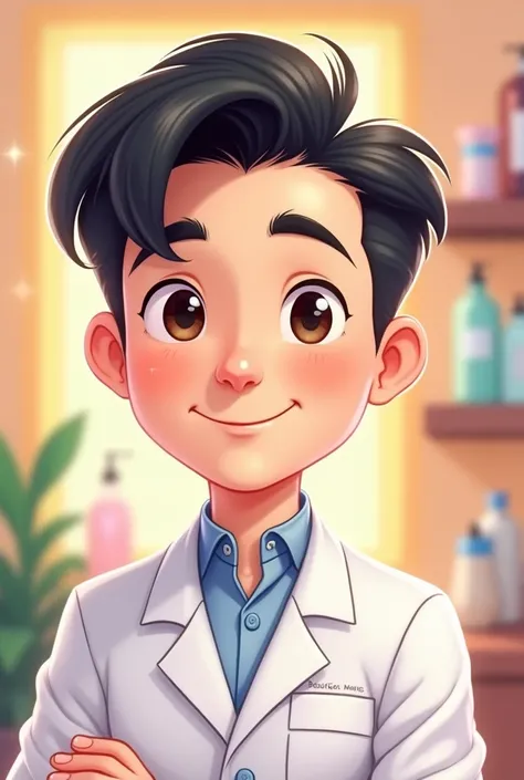 Cute cartoon character of a very white man, with black hair and smooth side bangs that cover the forehead, with a beautician&#39;s coat, as if it were from Disney 