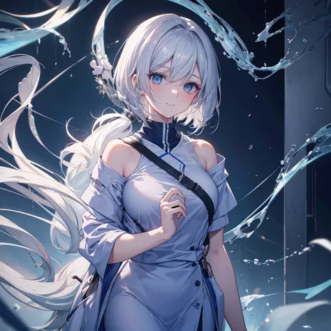 Burst Out Laughing, hospital, clinic, wear scrubs, white or pale blue scrub clothing, a beautiful detailed portrait of a shoulder length hair nurse aide, with no hat, full body view, large breasts, in an anime style, high resolution, photorealistic, dramat...