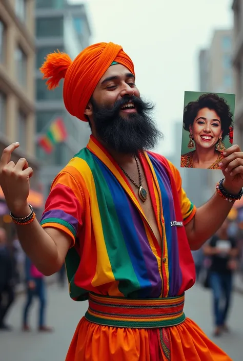 1 boy, very stereotypical indian male with a turban, bushy beard up to neck, has the name "Ratinder", wearing gay colours, dancing bhangra, holding a picture with an asian girl in it, asian girl is Japanese, in Canada, vanouver, kissing the picture, smilin...