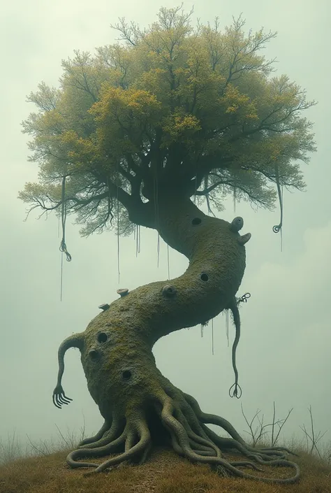 Zigzag tree with 40 branches, holes in its trunk, thick roots and between them scissors and hands