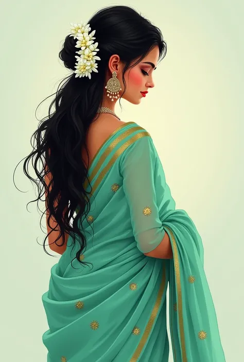 Illustration of Indian girl wearing mint green saree and white jasmine gajra without showing face