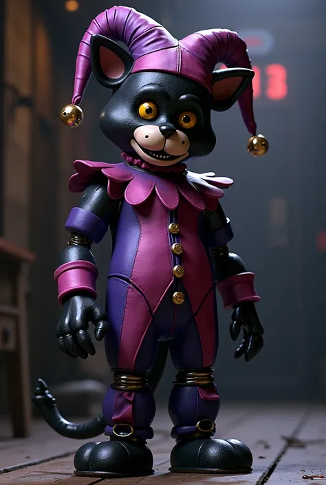 Animatronic anthropomorphic furry male black cat Animatronic anthropomorphic furry male black cat Wearing a purple harlequin costume with pink and a jesters hat with bells Four-cornered jesters hat with bells Metal body Animatronic body Five Nights at Fred...