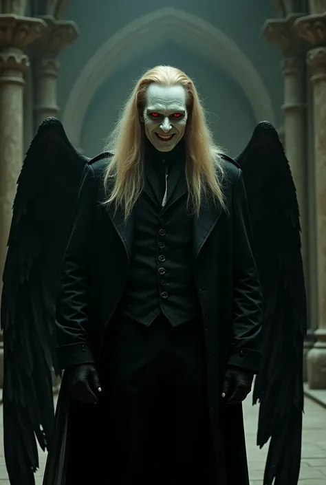 ((masterpiece, 8K, best quality, high resolution:1.3)), (a male vampire standing with his wings closed made of human bones in a dark castle:1.2), (editorial style photo:1.2), (his eyes are red and his skin is very pale with white two teeth with creepy smil...