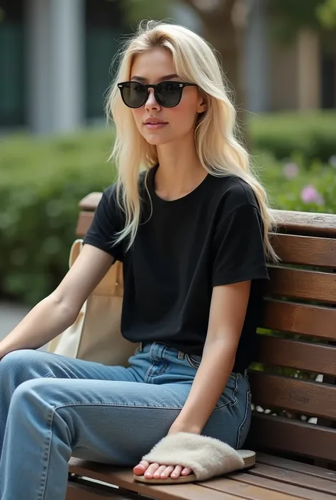 A blonde hair girl set in a bench,  , wearing sunglasses, jeans pants, slippers, ecobag with a wide black tshirts 