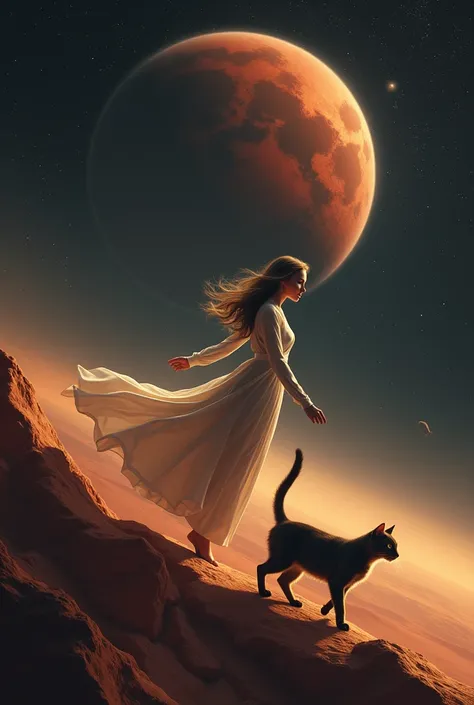 a beautiful woman and a realistic cat walking in space toward mars

