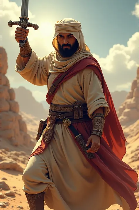 Muslim fighter in arab  with sword in early 650