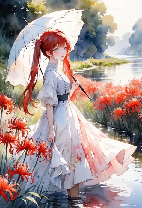 
Impressionist watercolor of a girl、Claude.By Monet、A girl stands on a river bank holding a white parasol、Beautiful spider lilies blooming on the banks of the dike、Standing on a perfect embankment、The girl has red hair in twin tails、Northern European featu...