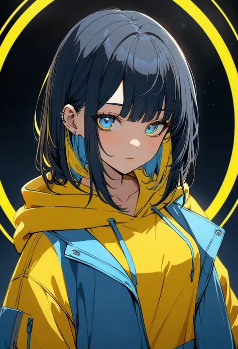 a drawing of a girl in a hoodie, in blue and yellow clothes, wearing a yellow hoodie, girl wearing hoodie, cyberpunk anime girl in hoodie, yellow and blue color scheme, black haired girl wearing hoodie, blue and yellow color scheme, blue hoodie, dark blue ...