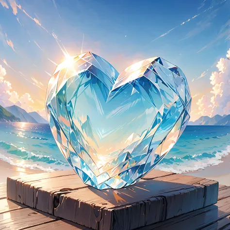 Best Quality, Super detailed, (Ultra-high resolution,8k), A large, transparent glass crystal, shaped like a heart, sitting on a polished wooden table. The crystal has a slight blue hue and is illuminated by a soft, warm light, casting a gentle glow on the ...